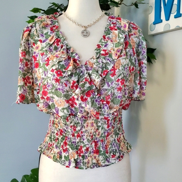 Astr Tops - ASTR THE LABEL Smocked Waist Faux Wrap Look Multi Floral M